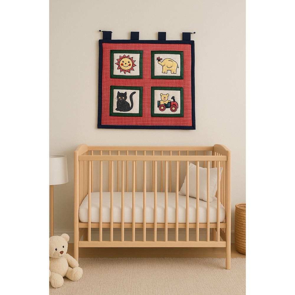 Vtg Quilt Wall Hanging Plaid Cat Sun Baby Nursery Decor Handmade‎ 25in x 24.5in